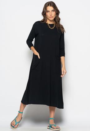 Vestido Midi Com Bolsos E Manga 7/8 Preto Salvatore - Salvatore Fashion Imagem de Vestido Midi Com Bolsos E Manga 7/8 Preto Salvatore