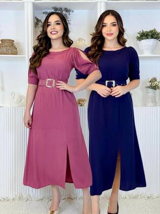 Imagem de Vestido Midi com Fenda e Cinto Moda Evangélico Festa Elegante