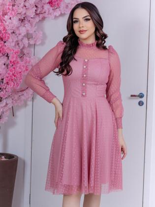 Imagem de Vestido Midi com Manga Longa Tule Poa com Botões