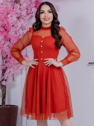 Imagem de Vestido Midi com Manga Longa Tule Poa com Botões