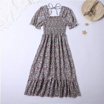 Imagem de Vestido Midi de Chiffon Casual para Verão - Manga Curta e Gola Quadrada