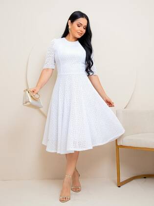Imagem de Vestido Midi de Festa Casamento Civil Noiva Formatura Godê Evangélico Gola Alta Cor:BrancoTamanho:M
