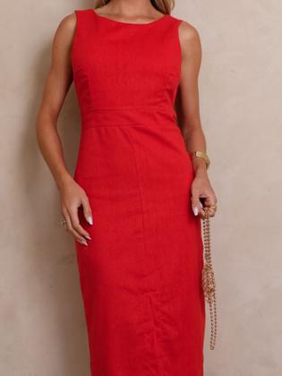 Imagem de Vestido Midi de Linho com Alças Largas e Fenda Sofisticada