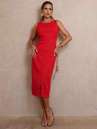 Imagem de Vestido Midi de Linho com Alças Largas e Fenda Sofisticada