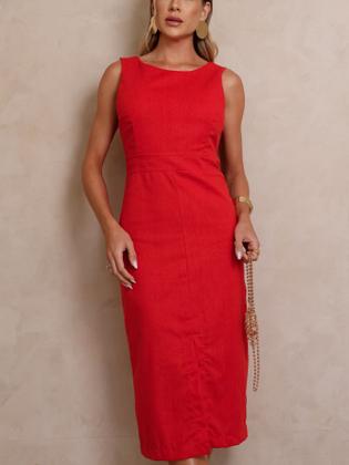 Imagem de Vestido Midi de Linho com Alças Largas e Fenda Sofisticada