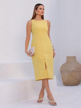 Imagem de Vestido Midi de Linho com Alças Largas e Fenda Sofisticada