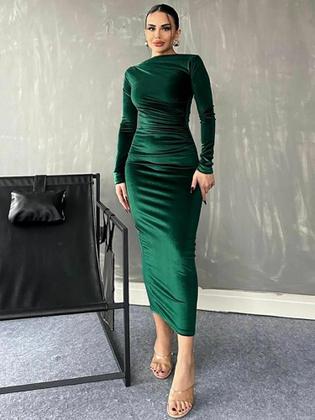 Imagem de Vestido Midi De Veludo Verde Feminino Com Manga Longa Dulzura Primavera Verão Elegante Para Festas E