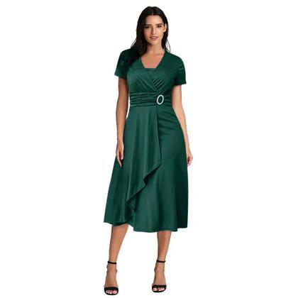 Imagem de Vestido Midi Elegante Feminino De Cor Sólida Com Decote Em V E Manga Curta Com Barra Assimétrica