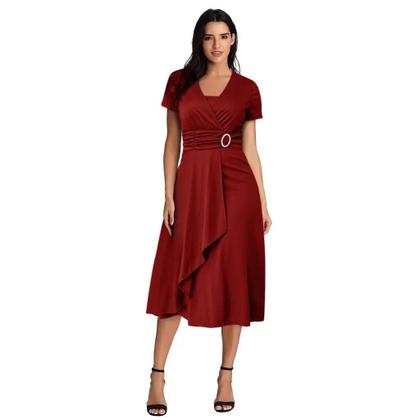 Imagem de Vestido Midi Elegante Feminino De Cor Sólida Com Decote Em V E Manga Curta Com Barra Assimétrica