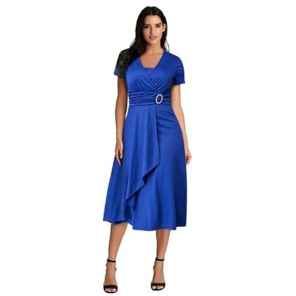 Imagem de Vestido Midi Elegante Feminino De Cor Sólida Com Decote Em V E Manga Curta Com Barra Assimétrica