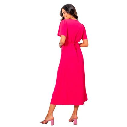 Imagem de Vestido midi feminino botões liso com fenda frontal com forro elegante
