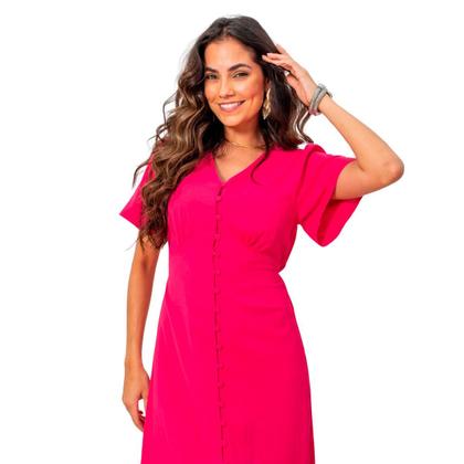 Imagem de Vestido midi feminino botões liso com fenda frontal com forro elegante