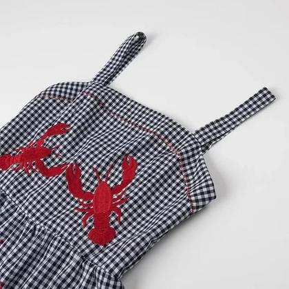 Imagem de Vestido Midi Feminino Xadrez Sem Mangas - Bordado, Babado, Verão, Praia e Casual 2024