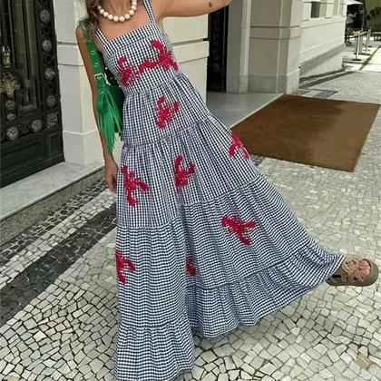 Imagem de Vestido Midi Feminino Xadrez Sem Mangas - Bordado, Babado, Verão, Praia e Casual 2024