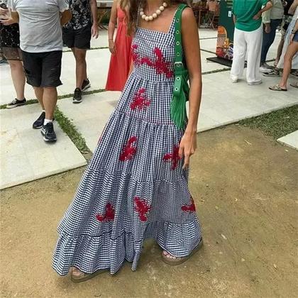 Imagem de Vestido Midi Feminino Xadrez Sem Mangas - Bordado, Babado, Verão, Praia e Casual 2024