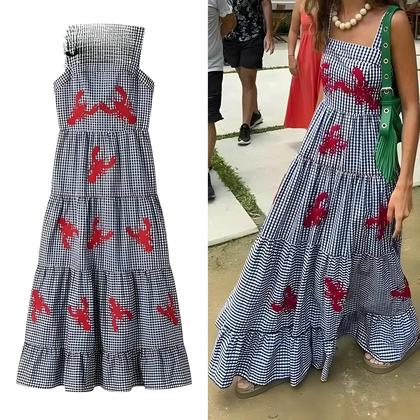 Imagem de Vestido Midi Feminino Xadrez Sem Mangas - Bordado, Babado, Verão, Praia e Casual 2024