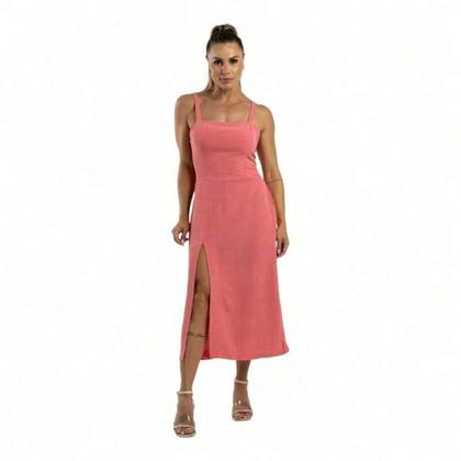 Imagem de Vestido Midi Fenda Lastex Longuete Social Festa Casamento Civil Casual Soltinho Forrado