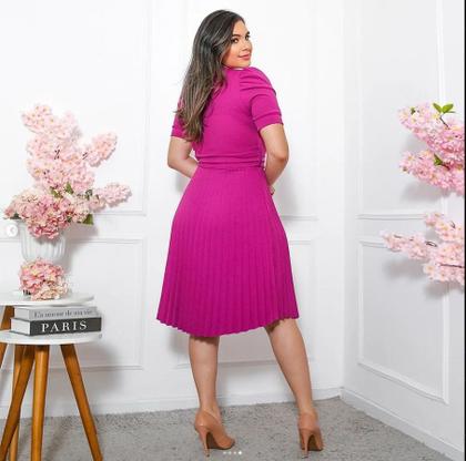 Imagem de Vestido Midi Gode Feminino Basico + Cinto Incluso C/Botão de Enfeite Tecido Linha Premium