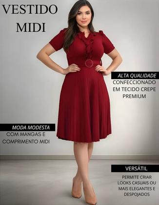 Imagem de Vestido Midi Gode Feminino Basico + Cinto Incluso C/Botão de Enfeite Tecido Linha Premium