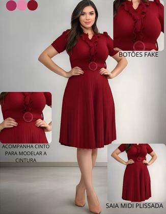 Imagem de Vestido Midi Gode Feminino Basico + Cinto Incluso C/Botão de Enfeite Tecido Linha Premium