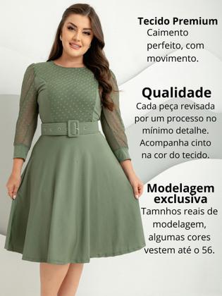 Imagem de Vestido midi godê manga comprida com aplicações em renda cinto moda evangélica