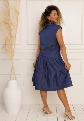 Imagem de Vestido Midi Jeans Feminino Sem Manga Com Babado - Moda Slim e Plus Size