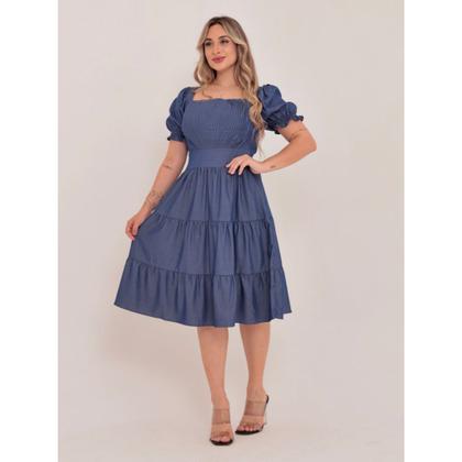 Imagem de vestido midi luxo chambray imitação de  jeans manga curto 1101