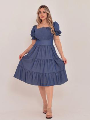 Imagem de vestido midi luxo chambray imitação de  jeans manga curto 1101