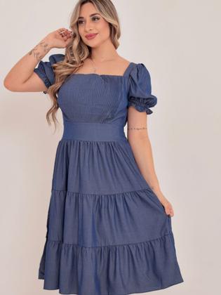 Imagem de vestido midi luxo chambray imitação de  jeans manga curto 1101