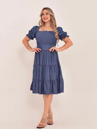 Imagem de vestido midi luxo chambray imitação de  jeans manga curto 1101