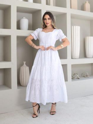 Imagem de Vestido midi Luxo lese bordado algodao manga curto