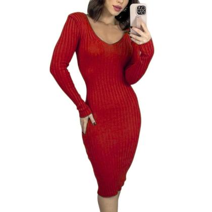 Imagem de Vestido Midi Manga Longa Decote Moda Tricot Feminino