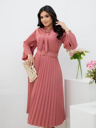 Imagem de Vestido Midi Plissado Manga Flare Gola com Amarração Evangélico Social de Festa