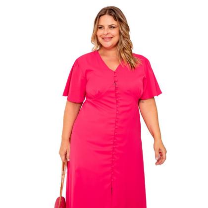 Imagem de Vestido midi plus size feminino botões liso com fenda frontal com forro elegante