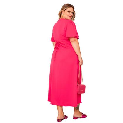 Imagem de Vestido midi plus size feminino botões liso com fenda frontal com forro elegante