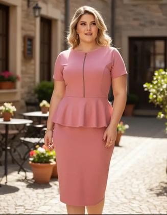 Imagem de Vestido Midi Plus Size Peplum zíper Moda Feminina Evangélica