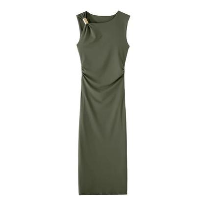 Imagem de Vestido Midi Preto Plissado Sem Mangas Para Mulheres, Vestido De Praia Drapeado Para Férias De Verão