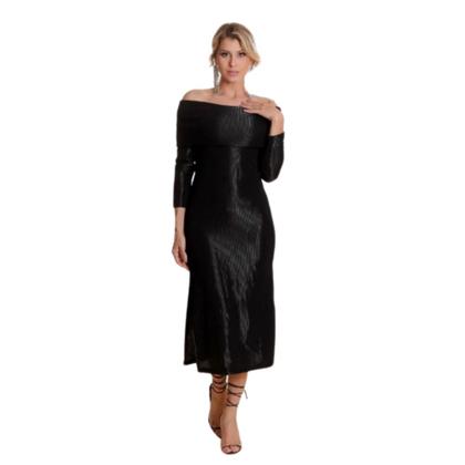 Imagem de Vestido Midi Preto Tubinho Luxo Manga Comprida Festa Casamento Madrinha