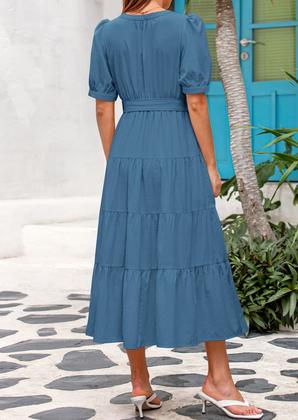 Imagem de Vestido midi PRETTYGARDEN 2025 com decote em V e manga curta com bolsos