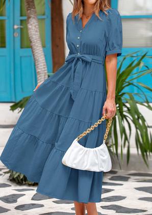 Imagem de Vestido midi PRETTYGARDEN 2025 com decote em V e manga curta com bolsos