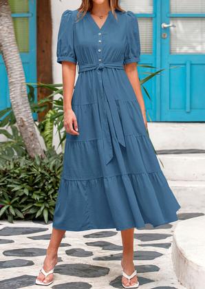 Imagem de Vestido midi PRETTYGARDEN 2025 com decote em V e manga curta com bolsos