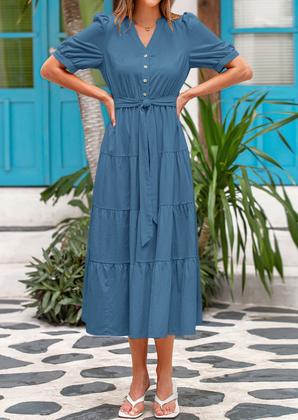 Imagem de Vestido midi PRETTYGARDEN 2025 com decote em V e manga curta com bolsos