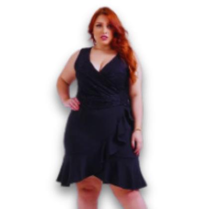 Imagem de Vestido Midi Renda Malha Crepe Forrado Regata com Renda Plus Size