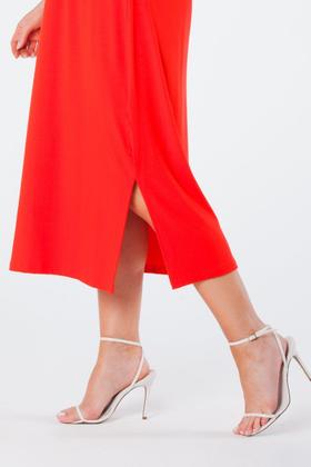 Imagem de Vestido Midi Reto Gola Quadrada Ombro Franzido e Fendas Laterais Vermelho Lívia