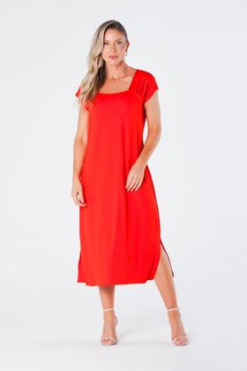 Imagem de Vestido Midi Reto Gola Quadrada Ombro Franzido e Fendas Laterais Vermelho Lívia