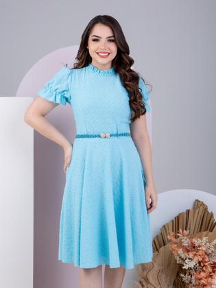 Imagem de Vestido Midi Rodado Godê com cinto de perolas manga curta e gola alta