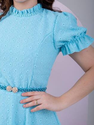 Imagem de Vestido Midi Rodado Godê com cinto de perolas manga curta e gola alta