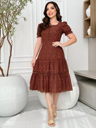 Imagem de Vestido Midi Rodado Malha Lese Algodão Evangélico Festa