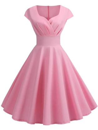 Imagem de Vestido Midi Rosa Vintage - Decote V - Estilo Elegante Retrô para Festa e Escritório