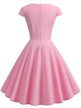 Imagem de Vestido Midi Rosa Vintage - Decote V - Estilo Elegante Retrô para Festa e Escritório
